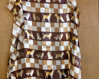 Vintage brown and off white checked dog print scarf shiny on striped background 21" square scarf different breeds polyester silk feel Korea