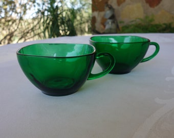 Vintage Fire King forest green Charm coffee cups set of 2