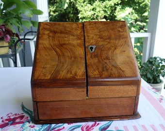 SALE Antique Wooden Stationery Box with Ink Bottle, Victorian Desk Organizer