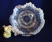 Antique Jefferson Gate and Wheel pattern opalescent ruffled bowl three footed victorian card receiver