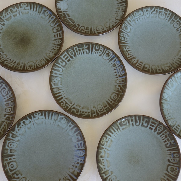 Vintage Frankoma Woodland Moss Mayan Aztec 7E small saucers plates western style pottery