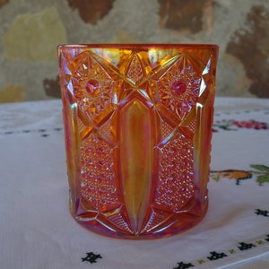 Vintage L E Smith Carnival glass biscuit jar spooner Quintec pattern hobstar and panels smooth edge orange iridescent vintage