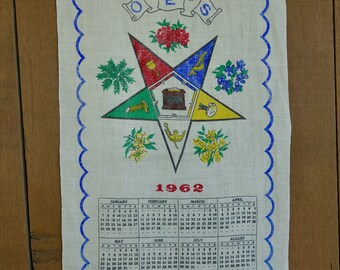 Vintage 1962 OES Order of the Eastern Star linen kitchen calendar towel 100% pure linen Stevens Company made in USA