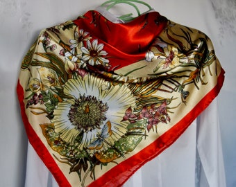 Stunning vintage hand rolled scarf large square red border and center orchids exotic flowers butterflies and dragonflies golds browns olives