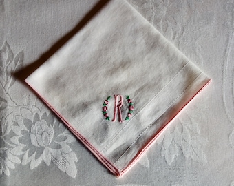 Vintage white embroidered hankie hanky handkerchief pink edge monogrammed R in circle with pink and red flowers embroidery