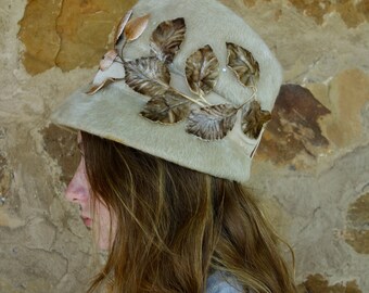 Vintage Marche Exclusive bucket lampshade woman's hat Mystere made of imported fur cream colored autumn shades of velvet leaves rhinestones