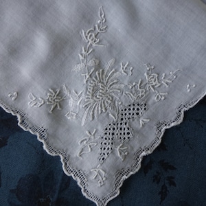 Embroidered Wedding Hankie: White Floral Handkerchief with Pulled Thread
