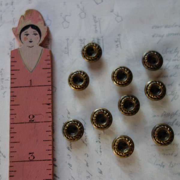 Lot of 10 vintage antique brass tone two hole flat buttons 9/16" 15mm in diameter