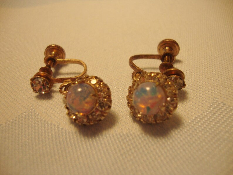 Vintage dangling faux opal screw back earrings rhinestones Etsy