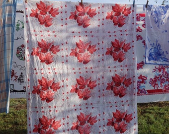 Bright vintage tablecloth coral dark coral and gray maple leaves and flowers 12 square design on white mid century 60" x 47" heavy cotton