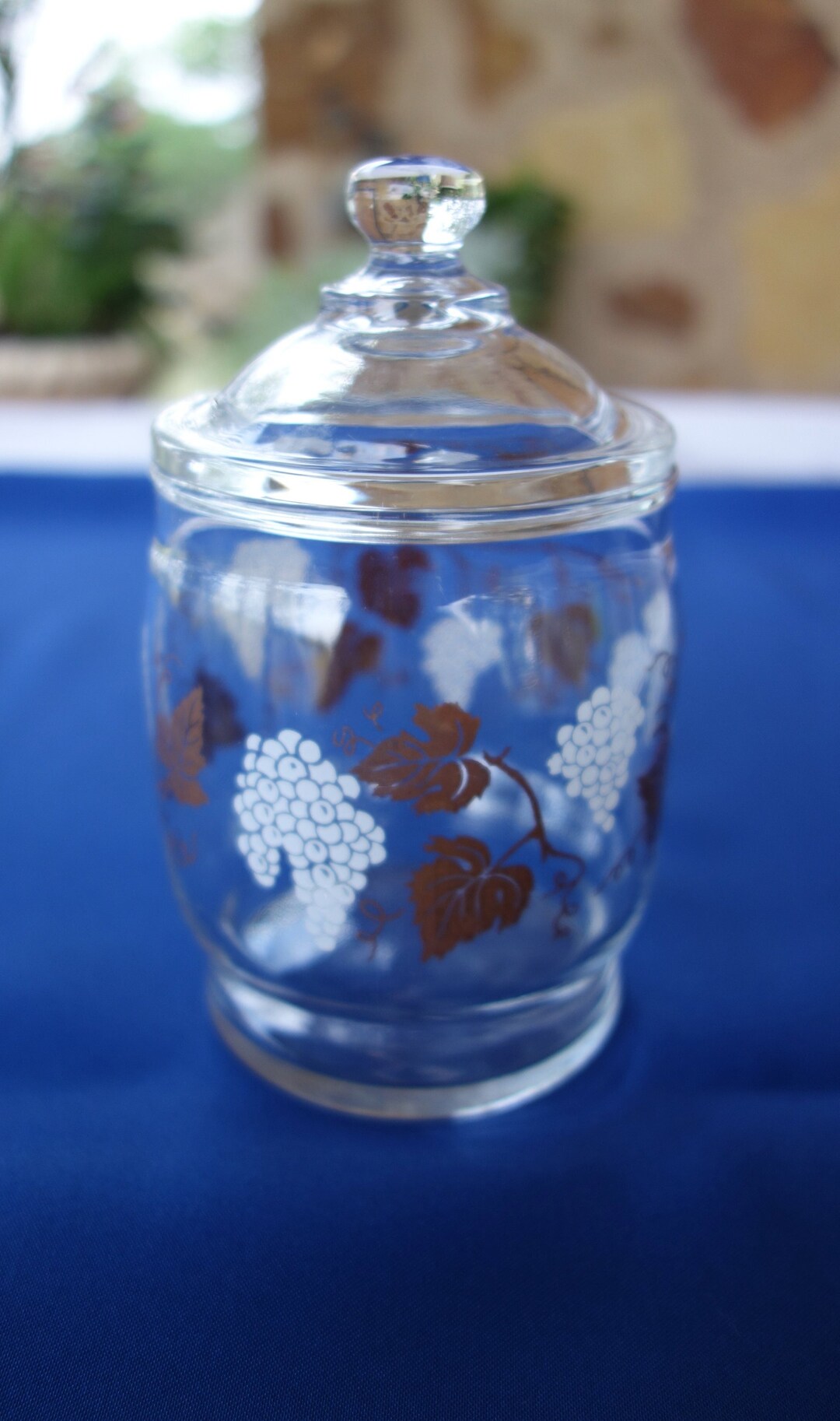 Vintage Mid Century Small Glass Jar With Lid Gold and White Grapes With