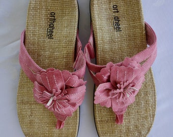 Vintage Orthaheel faux leather sandals pink flowers Talia size 10 orthopedic