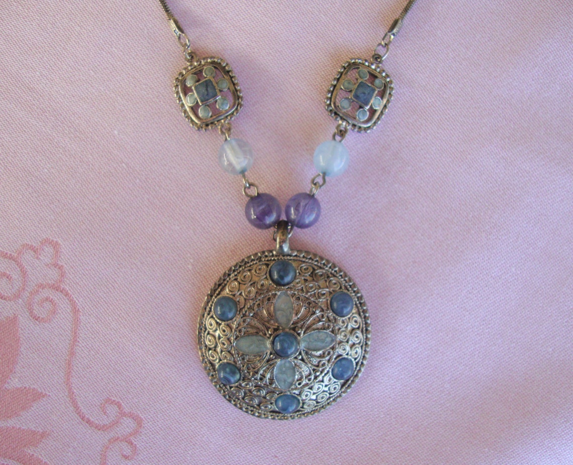 Vintage signed KC necklace pendant silver tone with grey and Etsy