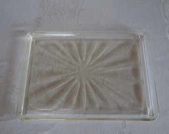 Vintage glass refrigerator tray HEAVY  textured glass star burst pattern raised not for baking unmarked