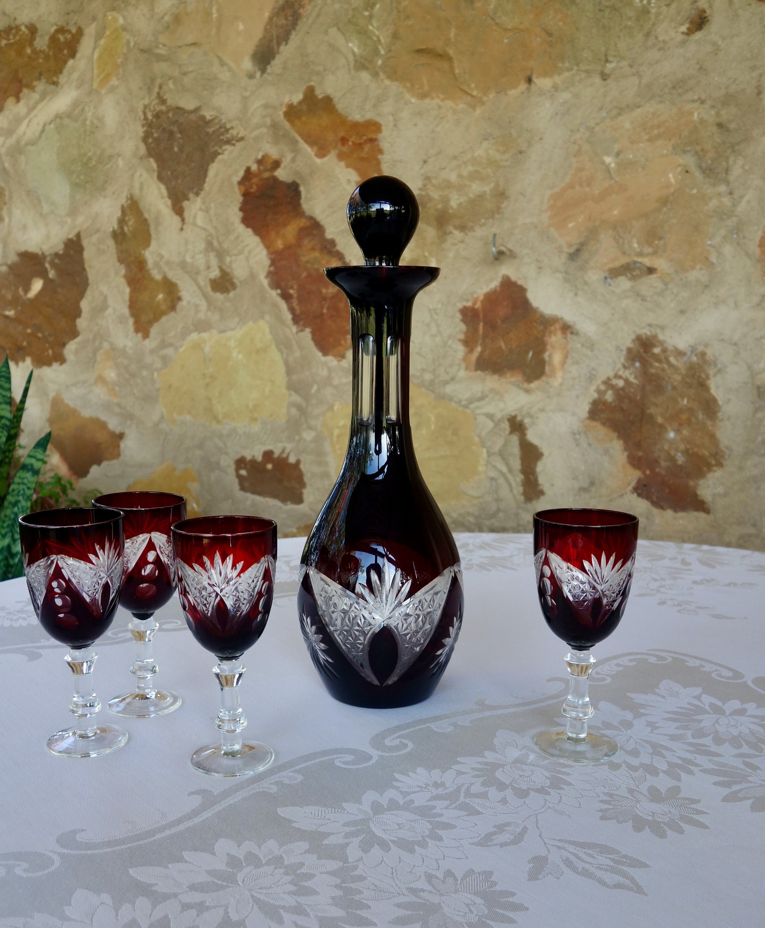 Bohemian Glass Decanter & 6 Matching Wine Glasses Red Cut back to