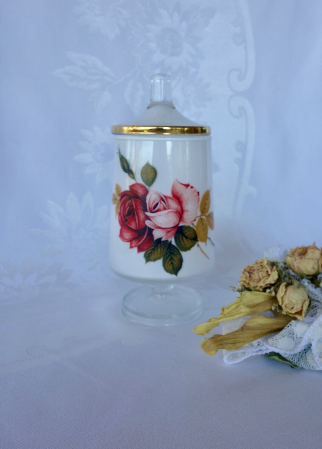Vintage Mid Century Frosted Apothecary Jar With Lid Covered Pedestal