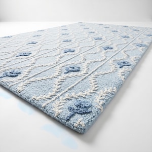 Lichtblauw gebloemd vloerkleed, botanische slaapkamerinrichting, zacht woonkamertapijt, vloerkleed kinderkamer, wollen vloerkleed, handgetuft