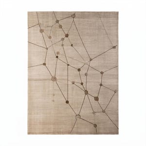 May include: A rectangular area rug in neutral tones, featuring a network-like design of interconnected lines and circles. The rug's color palette includes shades of beige and brown, creating a modern and abstract pattern. The rug is suitable for living rooms and bedrooms.