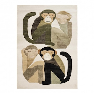 May include: A rectangular rug featuring a geometric design of four monkeys in shades of green, black, and beige. The monkeys are depicted in a stylized, seated pose against a cream-colored background. The rug is a decorative home accent.
