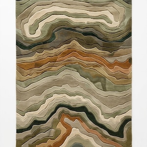 May include: A rectangular area rug with a layered, topographic design. The rug features a palette of earthy tones, including shades of green, brown, beige, and rust. The design creates a sense of depth and texture, resembling a stylized landscape.