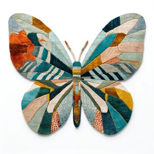 May include: A colorful butterfly-shaped rug with a patchwork design. The rug features a variety of colors, including teal, orange, yellow, and beige. The wings have a geometric pattern, and the body is striped. The rug is on a white background.