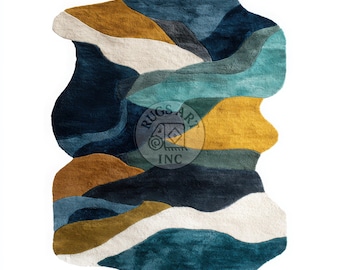 Handtuftad ullmatta, abstrakt geometrisk designmatta, blå beige guld | RugsArt