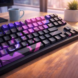 May include: A mechanical keyboard with black keys and gradient purple and pink keycaps. The keycaps feature a unique design with purple and pink accents. The keyboard is on a wooden desk with a mug and a plant in the background.
