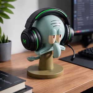 Peut inclure: Un support de casque Squidward Tentacules turquoise avec un casque de jeu noir et vert. Le support a une base ronde et une tige marron clair. Le casque a des accents verts et un microphone.
