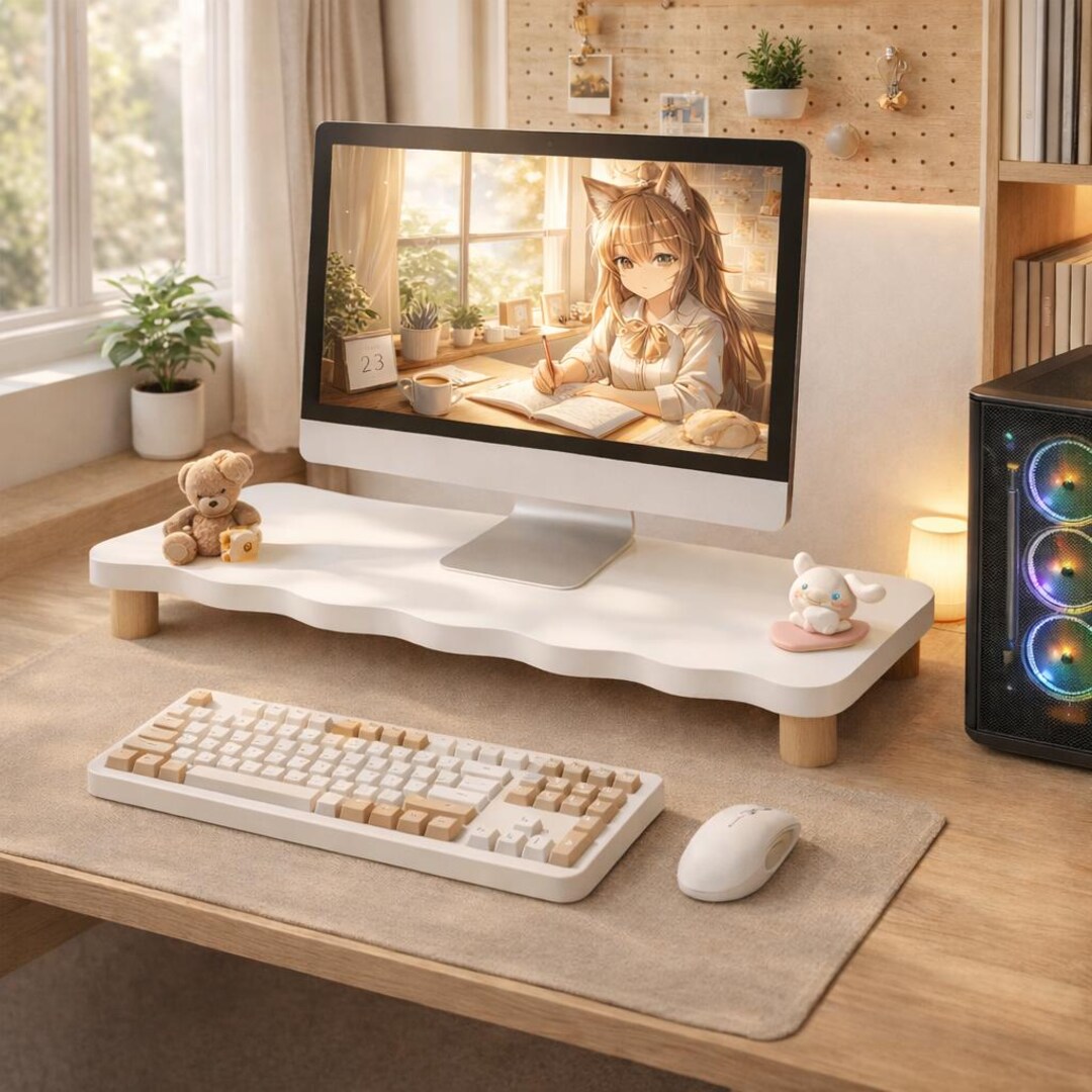 Wooden Monitor Stand Desk Organizer, Cute Aesthetic Computer Riser ...