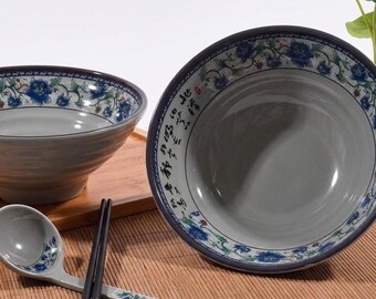 Japanese Blue Floral Ramen Bowl, 1000ml Large Capacity, Unbreakable Melamine Noodle Bowl, Gift for Ramen Lovers, Zen Tableware