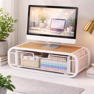 Puede incluir: Un soporte de monitor blanco y con efecto madera con almacenamiento de malla metálica. El soporte tiene una parte superior de madera clara y un marco blanco con bordes redondeados. El área de almacenamiento contiene cestas y papel de colores. Un monitor de ordenador se encuentra encima.