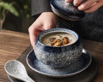 Ceramic soup cup with lid Asian style, large capacity stew bowl, unique kitchen gift handmade
