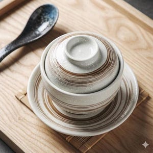 Japanese Soup Bowl with Lid and Ceramic Spoon - Zen Rice and Stew Bowl - Minimalist Kitchen Decor - Unique Housewarming Gift