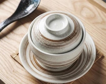 Japanese Soup Bowl with Lid and Ceramic Spoon - Zen Rice and Stew Bowl - Minimalist Kitchen Decor - Unique Housewarming Gift
