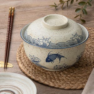 Japanese Ramen Bowl with Lid, Hand Painted Blue Fish Ceramic, Large Noodle Soup Bowl, Housewarming Gift, Zen Dinnerware, Handmade