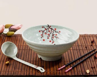 Blue and White Japanese Ramen Bowl, Traditional Floral Pattern, Large Noodle Bowl with Chopsticks, Asian Dinnerware, Unique Gift