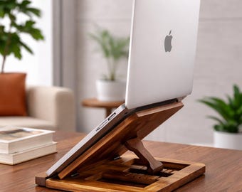 Bamboo Laptop Stand Adjustable Height – Foldable Wooden Desk Stand for Laptop & iPad, Ergonomic Office Setup, Handmade Gift