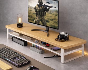 Wood & Metal Desk Monitor Stand – Modern Desk Organizer