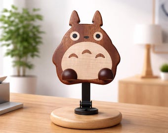 Totoro Wooden Phone Holder, Cute Desk Phone Stand, Solid Wood Office Decor, Kawaii Studio Style, Handmade Unique Gift
