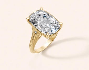 8CT Cushion Cut Lab Grown Diamond Engagement Ring in Yellow Gold, Vintage Milgrain Solitaire Ring, Celebrity Style & Luxuries Gift for Her