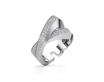 Architectural Criss Cross X Ring, Gold Crossover Band, Wide Geometric Wrap Ring, Multi Row Pavé Diamond Cutout Statement Ring 14K