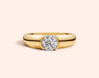 Round Lab Grown Diamond Half Bezel Dome Ring | 14K Yellow Gold Solitaire Ring | Celebrity Style Engagement Ring