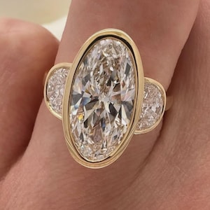 Anello di fidanzamento con diamante ovale, anello nuziale con diamante simulato a mezza luna, anello regalo di promessa con castone, anello anniversario in argento 925 per donna