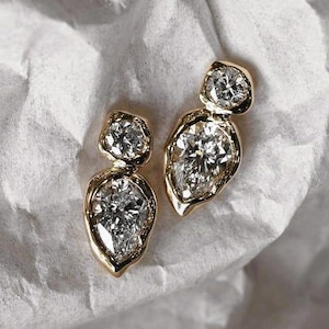 Pear & Round Cut Moissanite Stud Earrings, Antique Style Bezel Set Dangle Drop Earring, Women's Vintage Style Earring, 925 Sterling Silver