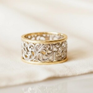 アンティークフィリグリーレディースバンド、フルエタニティオープンワークエンゲージリング、ツートンゴールドスクロールワークシガーウェディングバンド、アールデコエドワード調リング