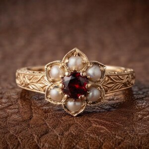 May include: A gold ring featuring a central round dark red garnet stone surrounded by six small white pearls arranged in a flower shape. The gold band is decorated with intricate engraved leaf patterns along the entire outer surface.
