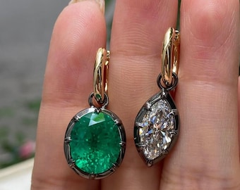 Pendientes de aro geométricos asimétricos, pendientes de plata con talla ovalada y marquesa, pendientes vintage de estilo victoriano, regalo de joyería único para ella.