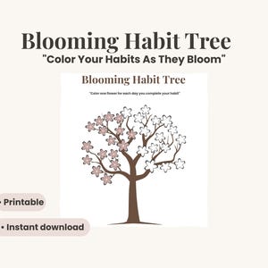 Puede incluir: Un árbol de hábitos floreciente imprimible con el texto "Colorea tus hábitos a medida que florecen". El gráfico del árbol tiene un tronco y ramas marrones con flores rosas y blancas. También se ven las palabras "Imprimible" y "Descarga instantánea".