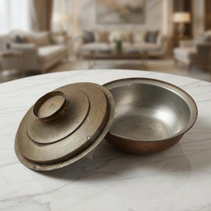 May include: An antique metal bowl with a lid, resting on a white marble surface. The bowl is open, revealing a shiny interior. The lid is off to the side, showing a circular design. The bowl and lid have a tarnished, aged appearance.