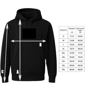 以下が含まれることがあります： フロントポケットとフードが付いた黒いフード付きスウェットシャツ。画像には、長さと胸囲の測定値がセンチメートルで示されたサイズチャートが含まれています。チャートには、Sから5XLまでのサイズがリストされています。